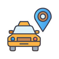 Naklejka premium Taxi cab with location pin icon in front view, flat design