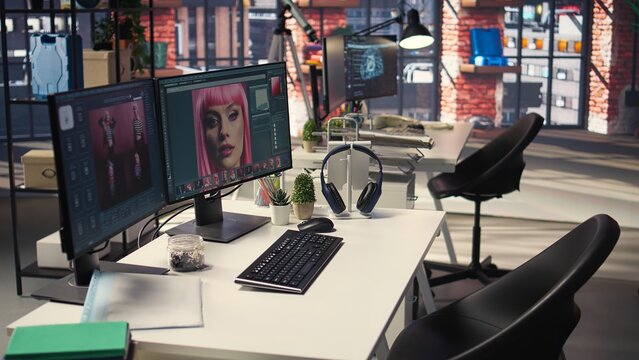 Professional studio setup for AI generated content and photography editing. Empty workspace with monitors displaying retouching software, supports creative careers in visual design.