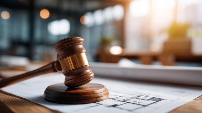 Clean bright close-up of a wooden judge's gavel resting on top of a large house construction blueprint spread flat on a bright desk surface, the blueprint's