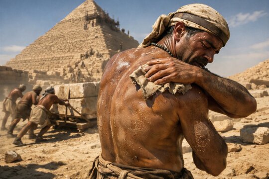 Ancient Egyptian Workers Building the Great Pyramid, Moving Massive Stone Blocks