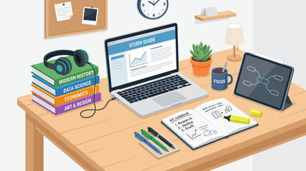 Fototapeta premium Organized Desk Setup with Laptop, Books, and Study Materials for Remote Learning and Productivity