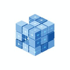 Obraz premium Abstract 3D cube of connected blue blocks, light white background