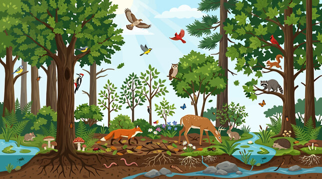 A vibrant forest ecosystem teeming with diverse flora and fauna, showcasing the interconnectedness of life above and below ground