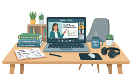 Fototapeta premium Online education and remote learning concept with a laptop displaying a lecture and study materials on a desk