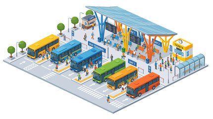 Isometric urban bus terminal with several city buses lined up at a vibrant station, showcasing public transportation and passenger activity © Satya