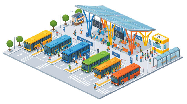 Isometric urban bus terminal with several city buses lined up at a vibrant station, showcasing public transportation and passenger activity