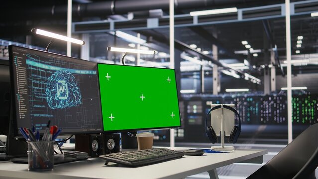 Mockup computer in high tech data center office used for AI system monitoring and performance tracking. Green screen PC overseeing server rigs involved in computing operations