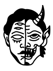 Obraz premium Edgy split-face line art of a surreal human and dark demon