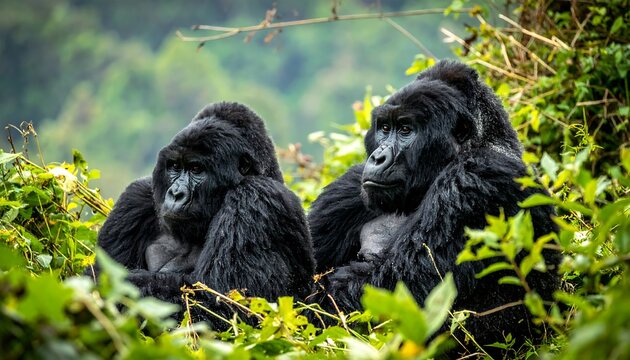 Two majestic gorillas resting peacefully in lush green forest environment.