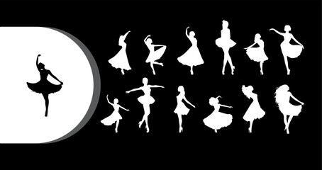 A collection of elegant ballerina silhouettes in various dance poses against a black background © Graphicclick