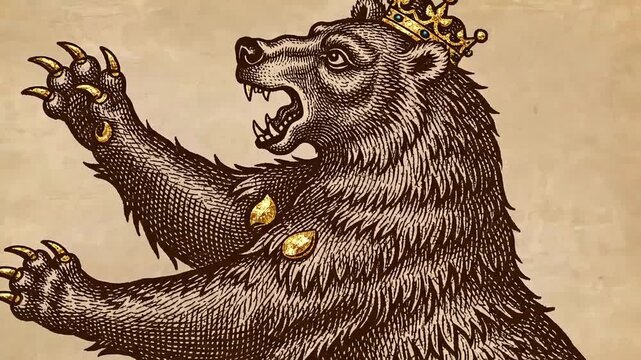 Powerful heraldic bear illustrated in colored medieval engraving style inspired by coat of arms animal symbols.