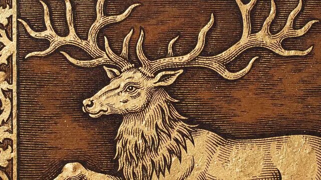 Majestic stag deer illustrated in colored medieval engraving style with subtle movement inspired by heraldry animals and ancient manuscripts.