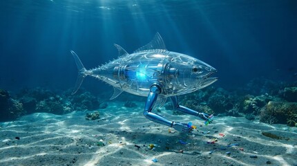 Fototapeta premium Futuristic Robotic Tuna Swimming in Deep Ocean with Glowing Technology 