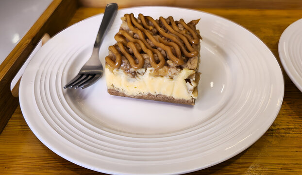 Apple Crumble Cake Slice on White Plate Dessert