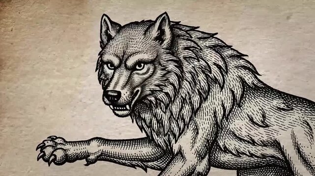 Wild heraldic wolf illustrated in colored medieval engraving style inspired by coat of arms and medieval symbolism.