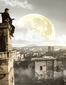 Man sits on a crumbling building ledge overlooking a city with a giant moon in the sky.
