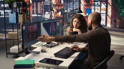 Professional photo editor interacts with AI chatbot and retouching software on dual monitors, using...