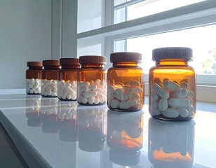 Pills in amber glass bottles on a reflective surface.