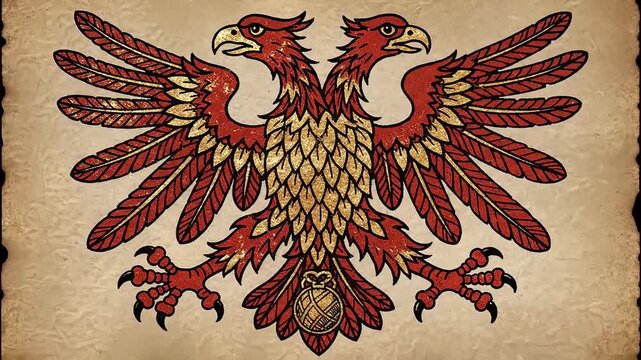 Double headed eagle symbol illustrated in colored medieval engraving style inspired by imperial heraldry emblems.
