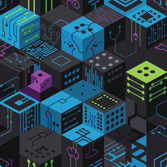 Fototapeta premium Isometric arrangement of cubes with circuit board patterns