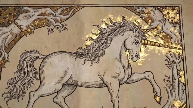Elegant unicorn illustrated in colored medieval engraving style inspired by illuminated manuscript mythology.