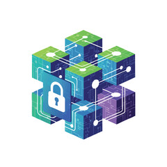 Obraz premium Abstract interconnected blocks with circuit patterns and a lock icon