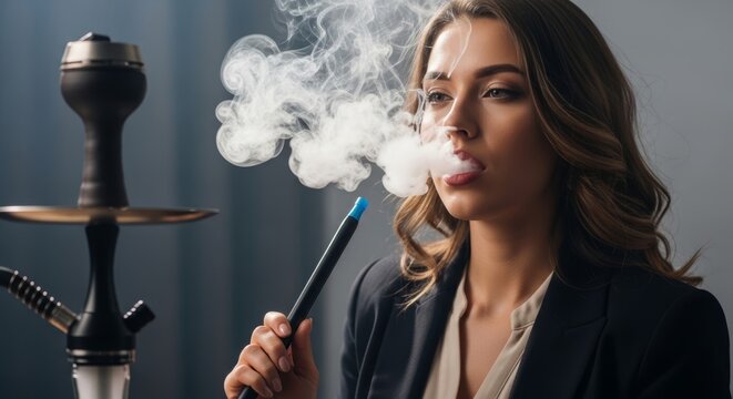 Elegant business woman relaxing after work with a shisha pipe, representing modern nightlife.
