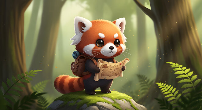 Cute Chibi Red Panda Wearing Backpack and Holding Map in a Sunlit Forest