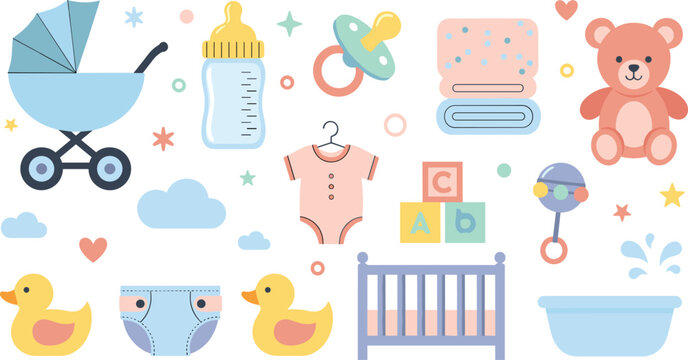 Baby Care and Nursery Items Vector Set Featuring Stroller, Baby Bottle, Pacifier, Teddy Bear, Crib, Toys, Duck and Infant Accessories.