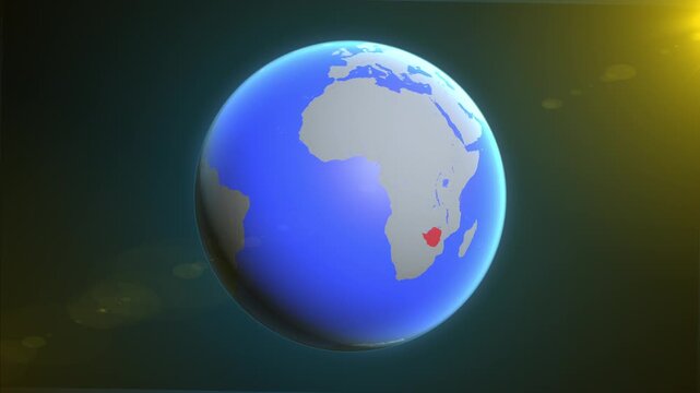 The animation shows a graphic representation of the earth and highlights the location and map of Zimbabwe colored red.
