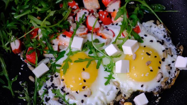 Healthy breakfast with eggs, feta cheese, arugula and pieces of crab sticks . Soft-fried egg,  wraps with chia seeds, skillet pot, cast iron pan. Healthy eating. Continental breakfast. Prepaing food
