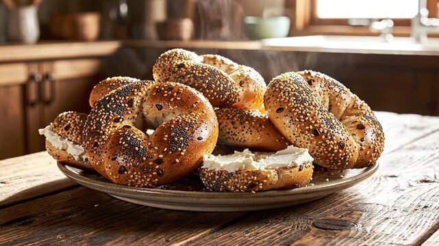 A plate piled high with toasted, sesame seed-covered bagels sits on a rustic wooden table in a cozy kitchen setting
