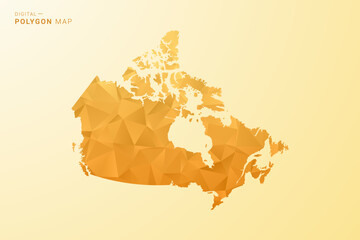 Naklejka premium Canada Map - Polygon style vector illustration in yellow and orange low poly geometric design, modern minimal silhouette, isolated for infographic.