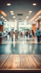 Empty Wooden Table with Blurred Modern Public Building Interior
