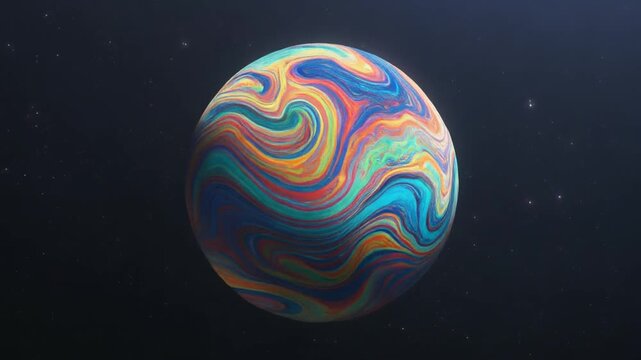 A colorful, swirling sphere with shades of blue, orange, yellow, and green against a dark background with small white dots