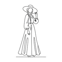 Fototapeta premium Elegant Woman in Long Puff Sleeve Dress and Hat Line Illustration