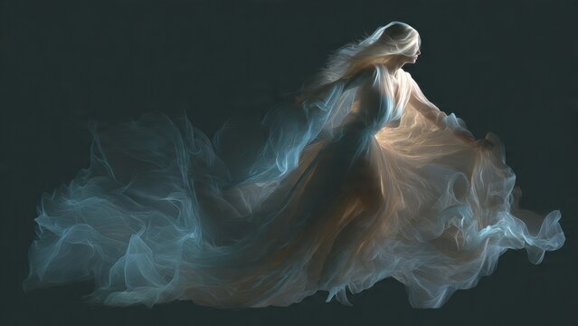 Ethereal Woman in Flowing Gown with Mystical Light