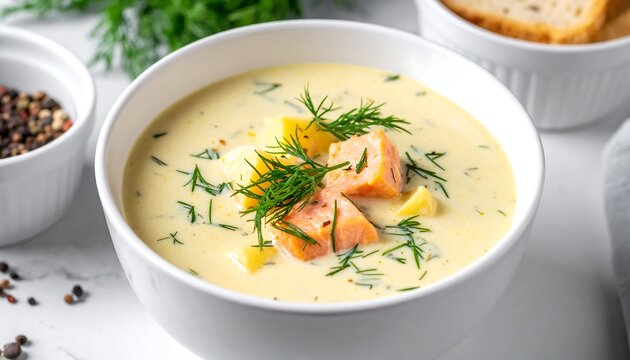 Creamy Salmon Chowder Garnished with Fresh Dill and Croutons.