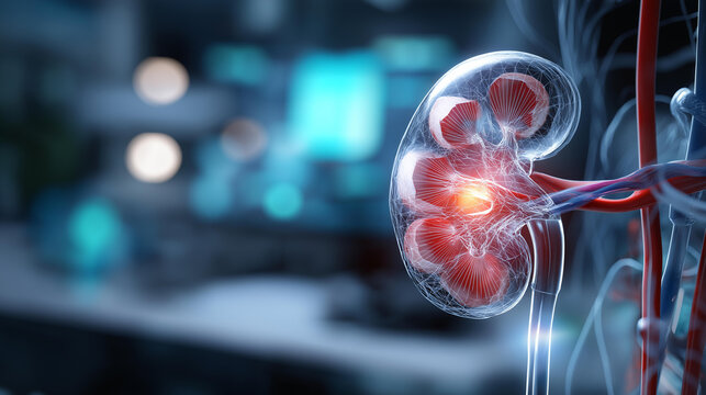 3D medical illustration of a kidney stone inside the human body, defocused background, urological health concept, kidney stone visualization, with copy space