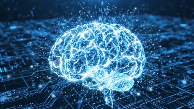 A futuristic video representation of a human brain connected to a complex network of digital circuits and wires in a virtual environment.