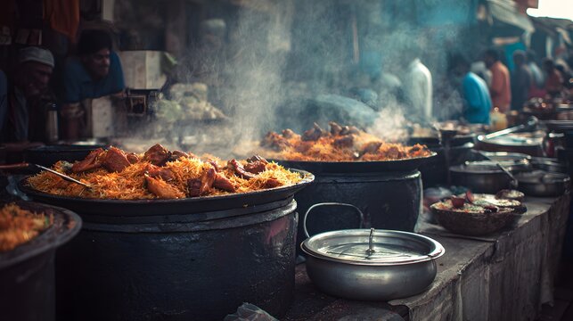 Detailed Analysis of a Bustling Street Food Market Displaying Large Pots of Steaming Culinary Preparations