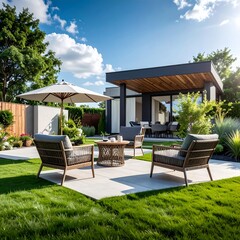 Obraz premium Modern Backyard Oasis with Outdoor Furniture and Lush Green Lawn.