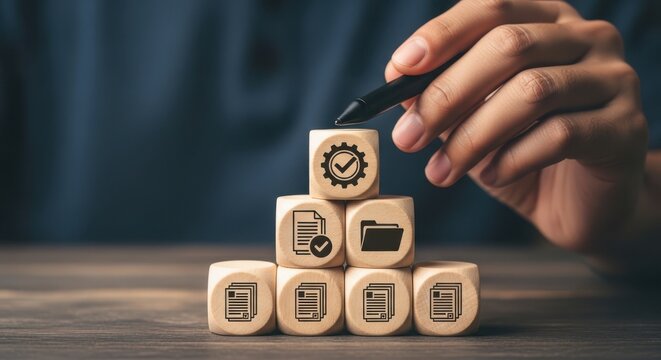 A person building a tower with wooden blocks featuring database and gear icons