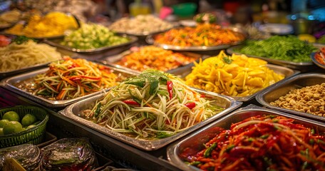 Obraz premium Abundant Culinary Display: A Vibrant Market Stall Showcasing Diverse AI-Generated Prepared Dishes and Fresh Ingredients for a Rich Gastronomic Experience.