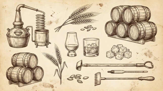 Prompt:
Set of hand drawn vintage illustrations of whiskey making. Doodle drawings of oak barrels, whiskey glasses, barley grains, copper stills, ice cubes, and distillery tools.