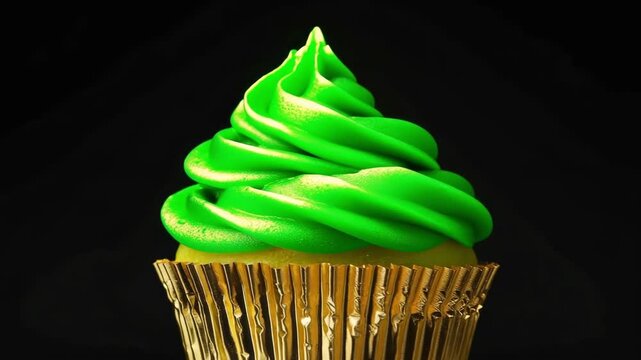 Neon green frosted cupcake in golden wrapper vibrant dessert with rotating view