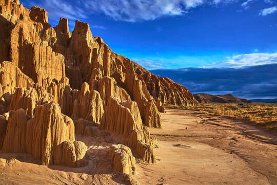 Cathedral Gorge State Park Slot Formations and Desert Landscape Under Blue Sky