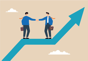 Fototapeta premium Flat illustration of two businessmen shaking hands on rising growth arrow cooperation partnership negotiation collaborate success team
