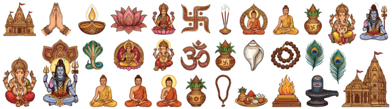Indian Religion Sacred Symbols and Hindu Gods Icon Set Traditional Spiritual Elements Vector Illustration Isolated on White