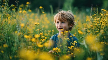 Fototapeta premium Happy Young Boy with Freckles in a Field of Yellow Flowers